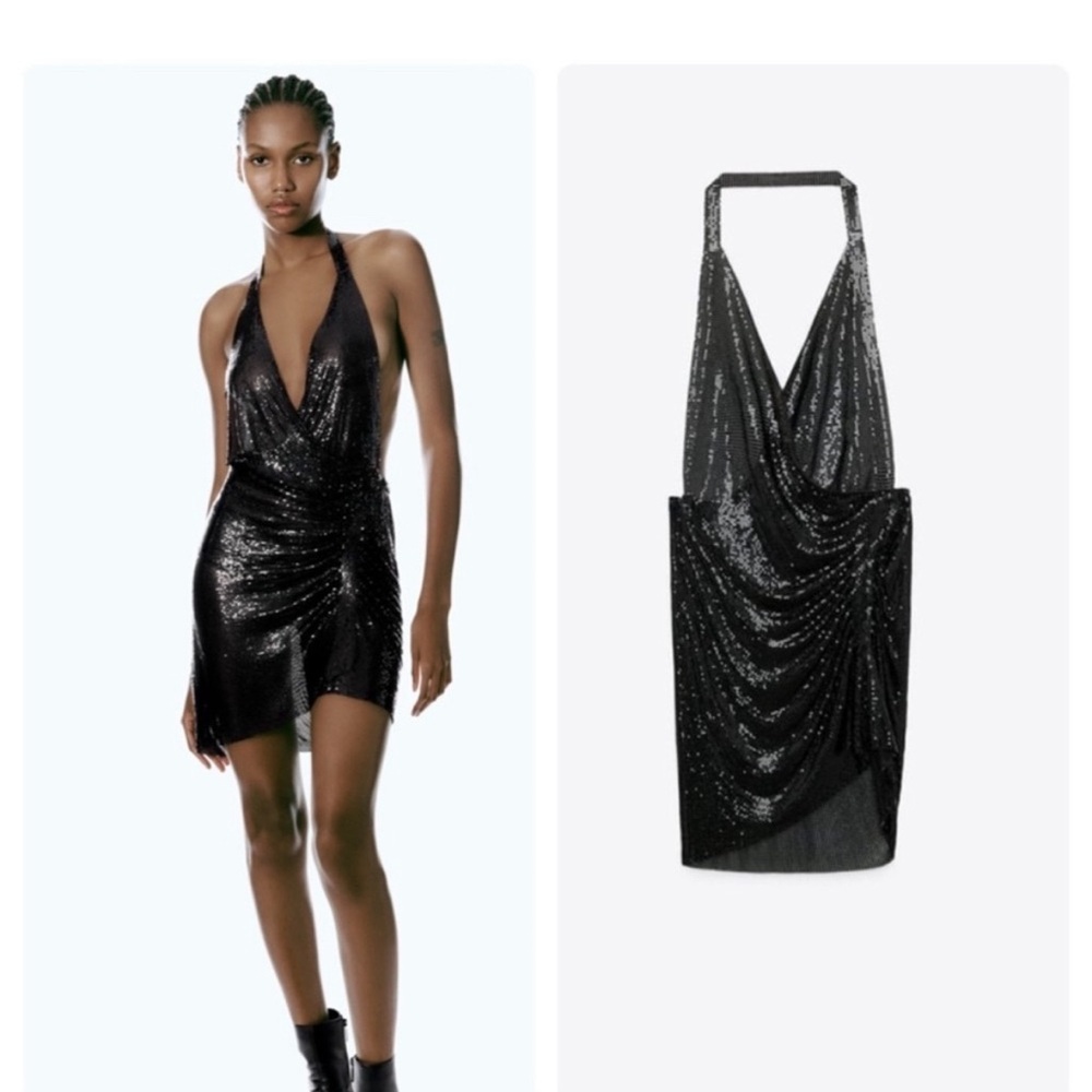 ZARA BNWT. BLACK MESH RHINESTONE  HALTER JEWEL MINI DRESS. M/L REF 2855/205